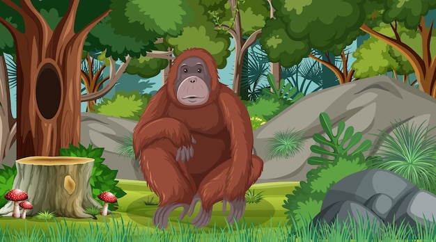 Orangutan in forest or rainforest scene with many trees