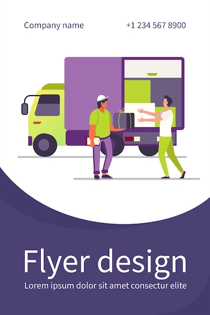 Free vector order delivery service. courier giving parcel box to customer near truck flat flyer template