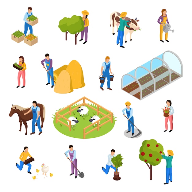 Ordinary farmers life isometric collection with elements of farming facilities plants and farm workers