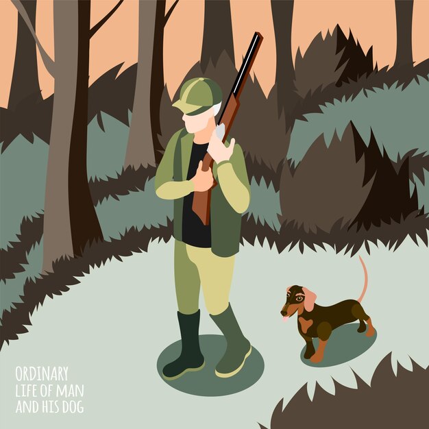 Free Vector ordinary life of man and his dog isometric man on hunt with his dog vector illustration