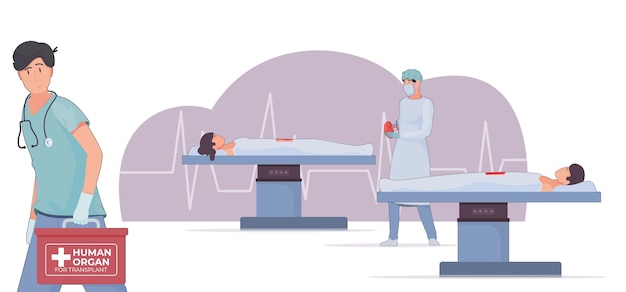 Free Vector organ transplant flat composition with characters of lying patients and medical specialist carrying organ in box vector illustration