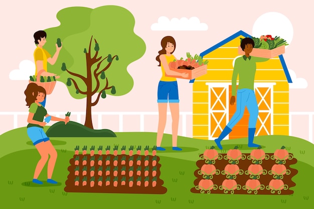 Organic farming concept with people and crops