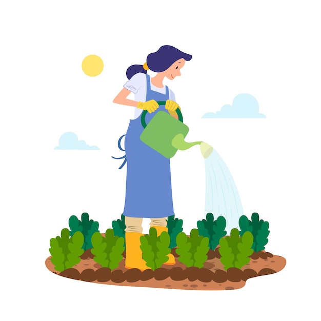 Organic farming concept with woman watering the plants