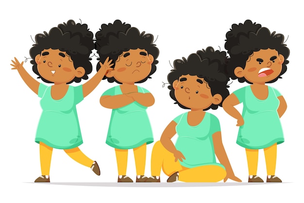 Free vector organic flat black girl in different poses pack