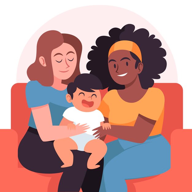 Organic flat lesbian couple illustration with child