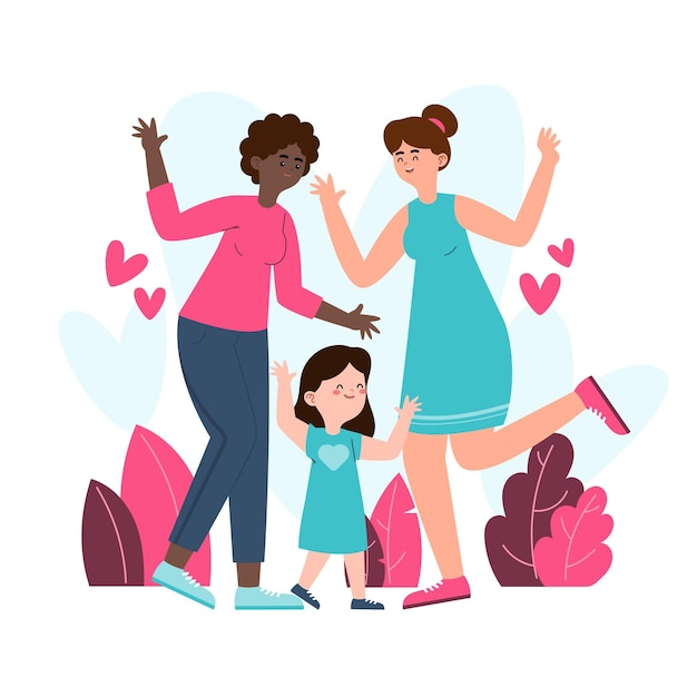 Free Vector organic flat lesbian couple illustration with a child