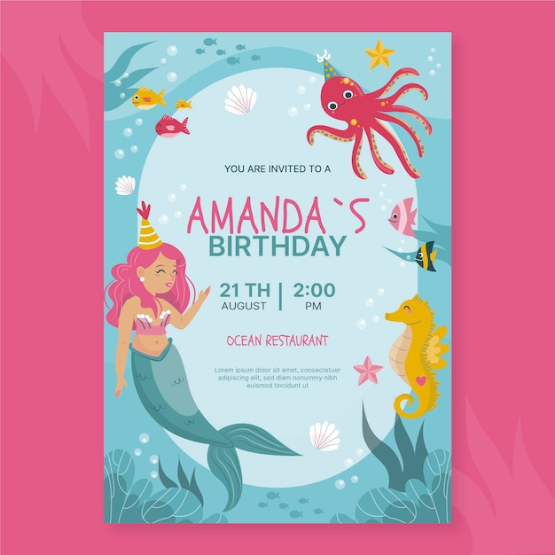 Free vector organic flat mermaid birthday invitation template