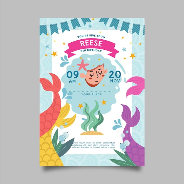 Free vector organic flat mermaid birthday invitation template