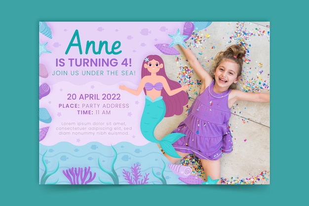 Free vector organic flat mermaid birthday invitation with photo