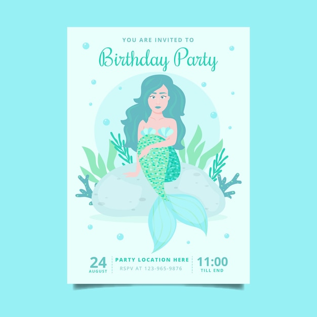 Free vector organic flat mermaid birthday invitation