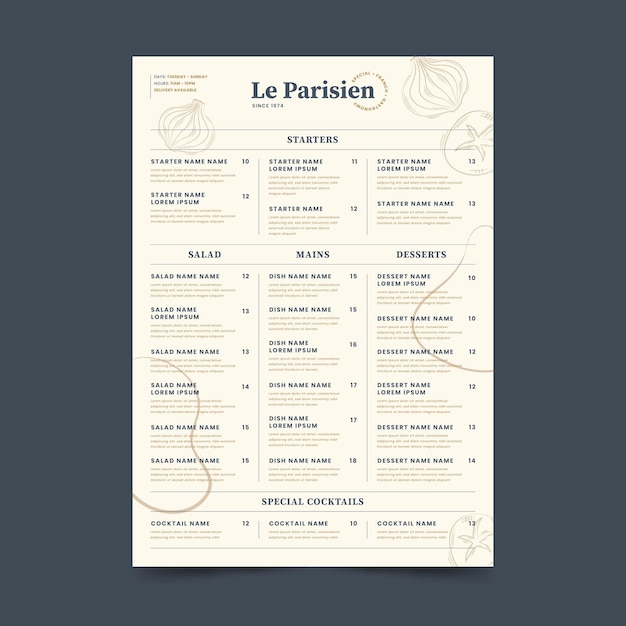 Organic flat rustic restaurant menu template