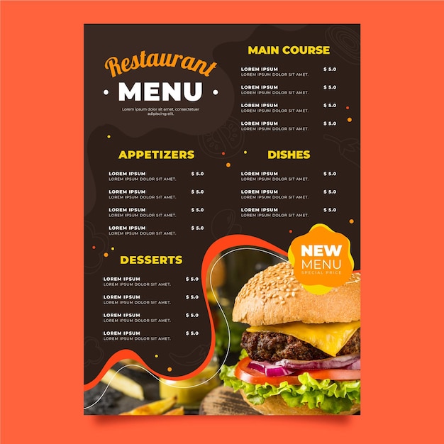 Organic flat rustic restaurant vertical menu template with photo