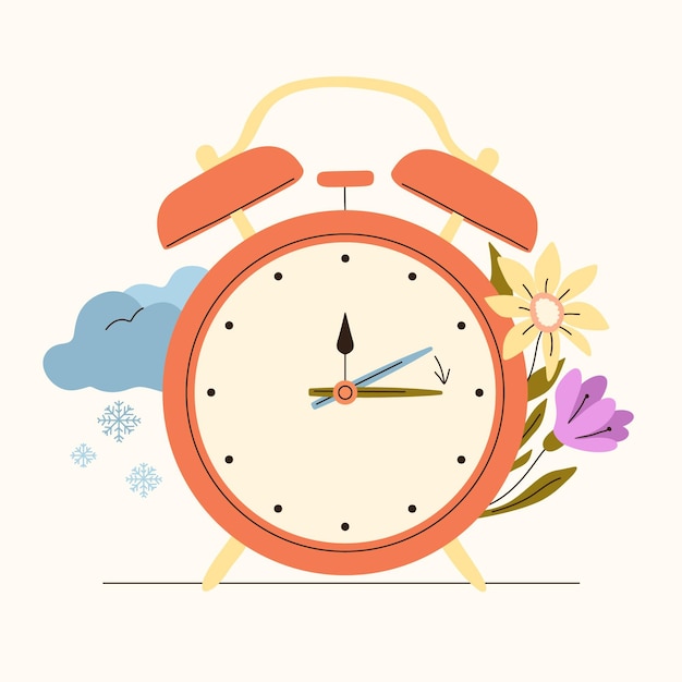 Free Vector organic flat spring time change illustration with clock and flowers