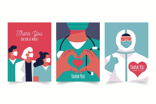 Free vector organic flat thank you doctors and nurses postcard pack