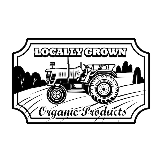 Organic product badge vector illustration. Farmers tractor, hexagon frame, locally grown text. Agriculture or agronomy concept for emblems, stamps, labels templates