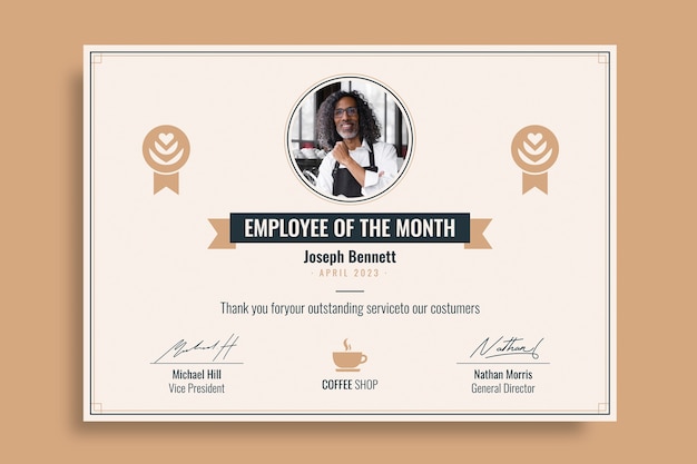 Ornamental company's employee of the month certificate