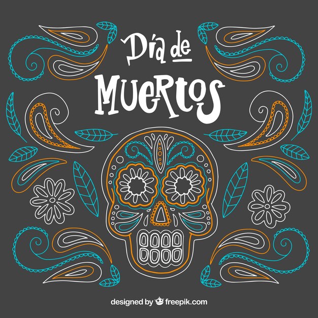 Ornamental day of the dead background with hand drawn skull