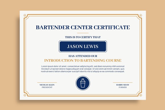 Ornamental professional bartender center certificate