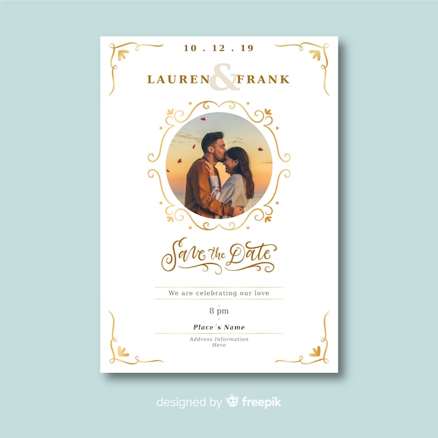 Ornamental wedding invitation template with photo