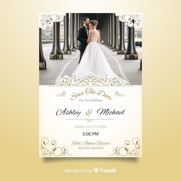 Ornamental wedding invitation template with photo