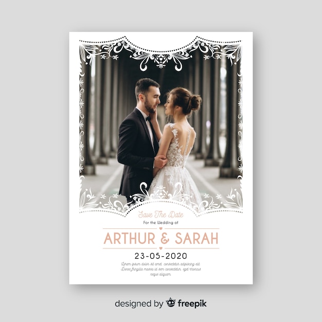 Ornamental wedding invitation template with photo