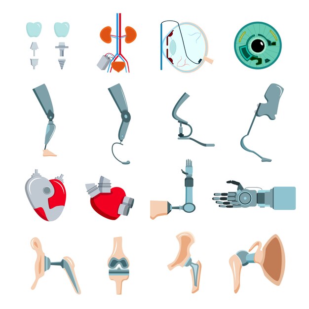 Orthopedic prothesis medical implants artificial body parts flat icons collection with mechanical heart valve