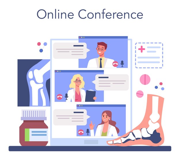 Orthopedics doctor online service or platform Idea of joint and bone treatment Human anatomy and bone structure Online conference Vector flat illustration