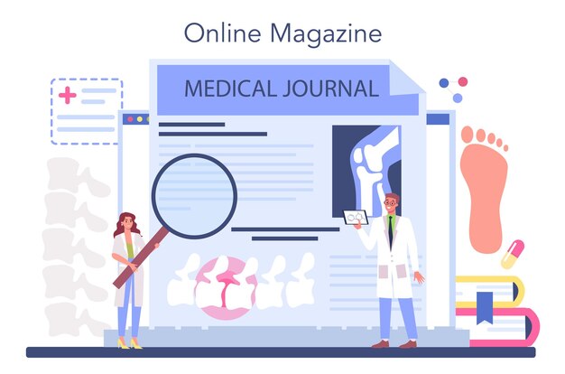 Orthopedics doctor online service or platform Idea of joint and bone treatment Human anatomy and bone structure Online magazine Vector flat illustration