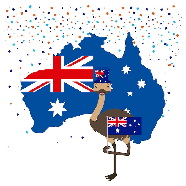 Ostrich with Australian flag and confetti