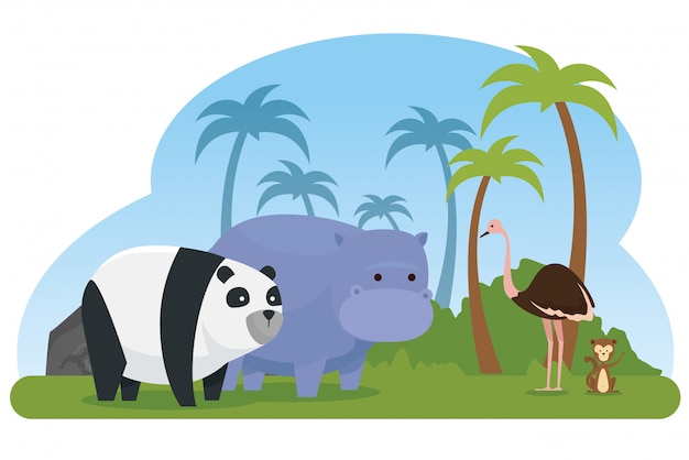 Ostrich with panda and hippopotamus wild animals