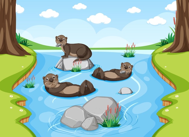 Free Vector otters in the river forest background