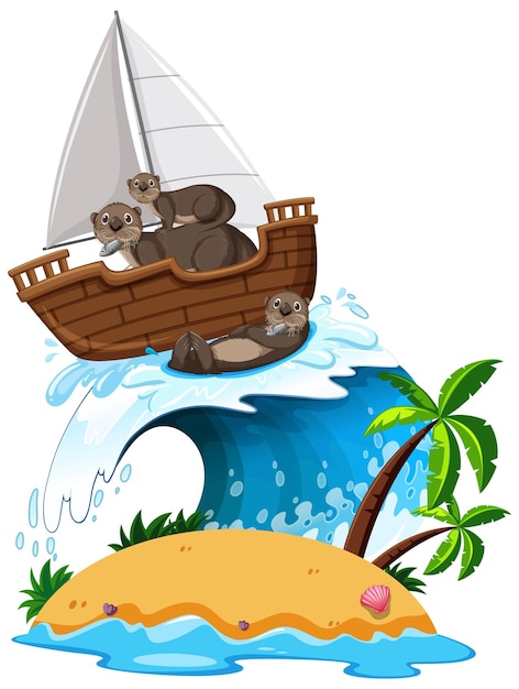 Free Vector otters on sailboat with ocean wave