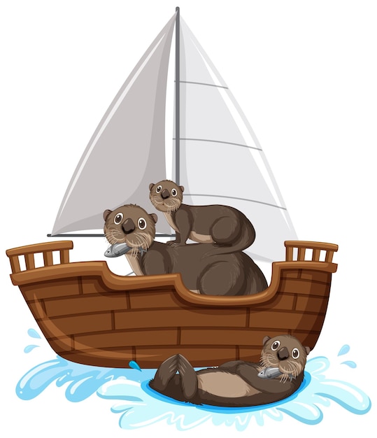 Free Vector otters on a ship in cartoon style