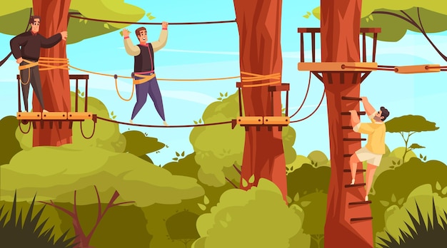 Free vector outdoor activities composition with forest landscape and view of ropes course with tree stairs and people illustration