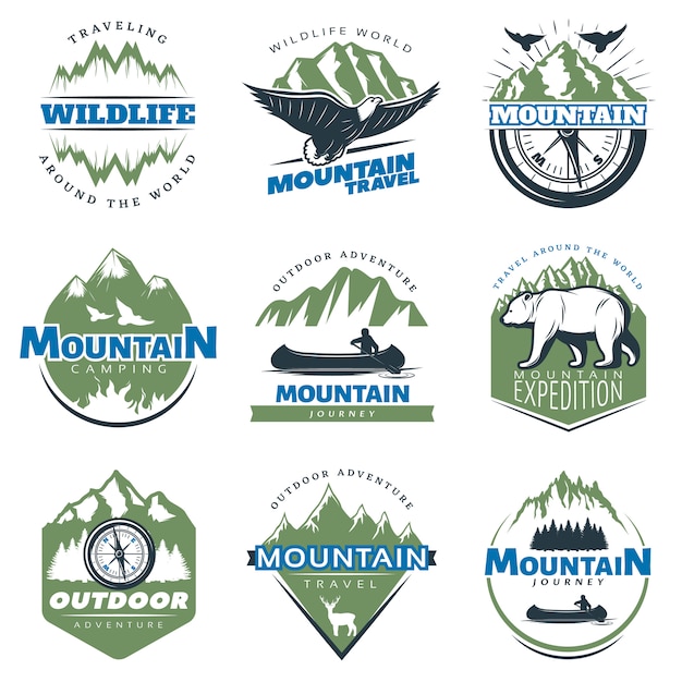 Free Vector outdoor adventures and tourism colorful badges