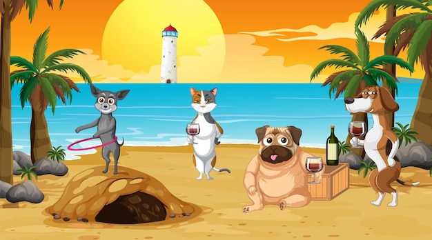 Outdoor beach scene with many dogs