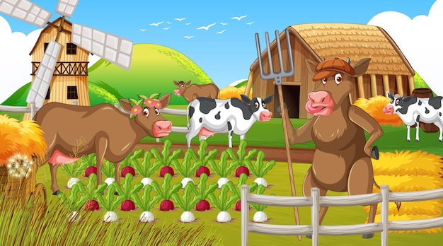 Outdoor cow farm scene with happy animals cartoon