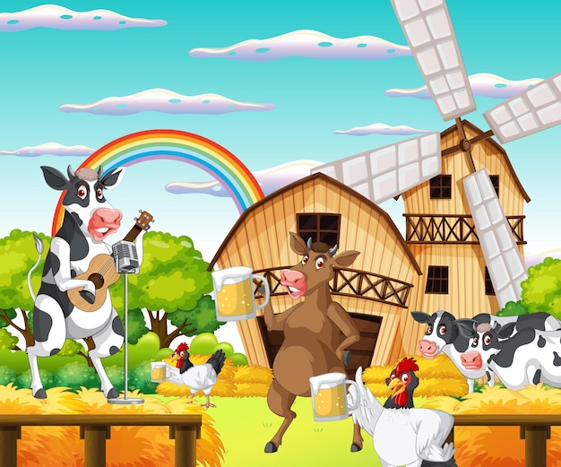 Free Vector outdoor cow farm scene with happy animals