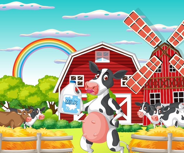 Outdoor cow farm scene with happy animals