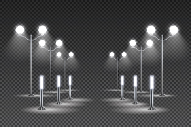 Free Vector outdoor garden lighting design with tall lanterns and solar led street lights