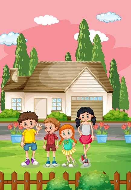 Outdoor house scene with many children