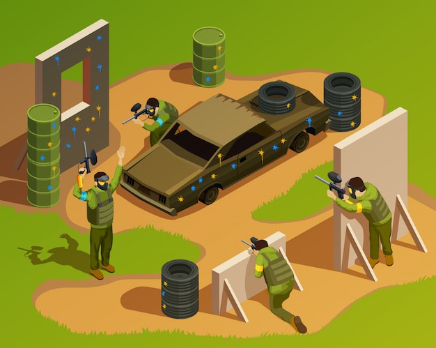 Free vector outdoor paintball isometric composition