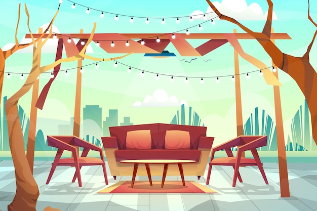 Free Vector outdoor scene of sofa with cous and table under lighting from ceiling