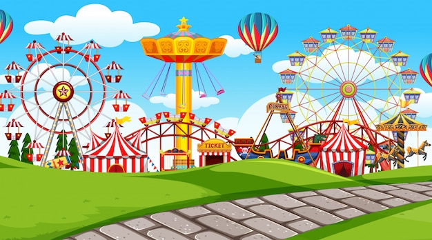 Outdoor scene with amusement park