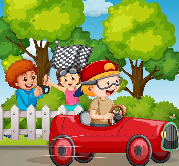 Outdoor scene with children racing car