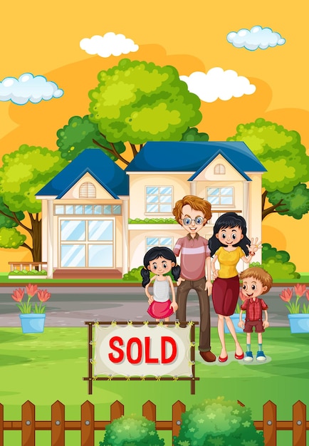 Outdoor scene with family standing in front of a house for sale