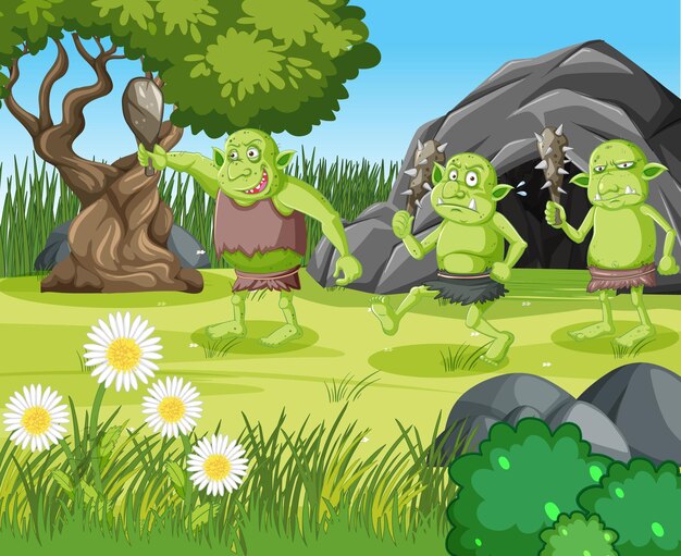 Outdoor scene with goblin or troll cartoon character