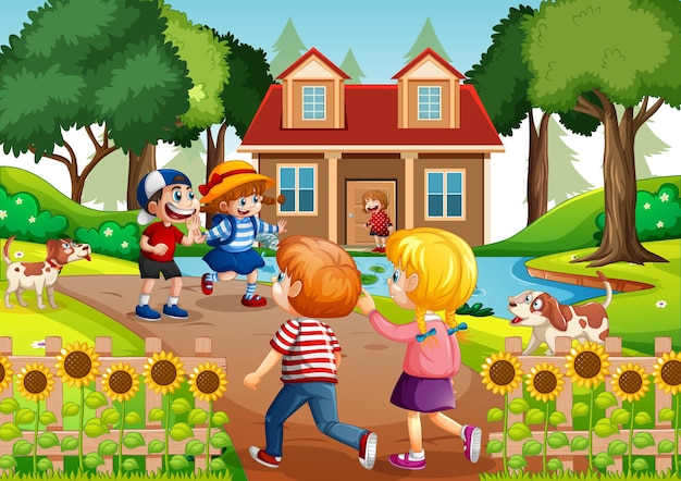 Outdoor scene with many children visiting their friends