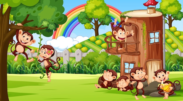 Outdoor scene with tree house and many monkeys