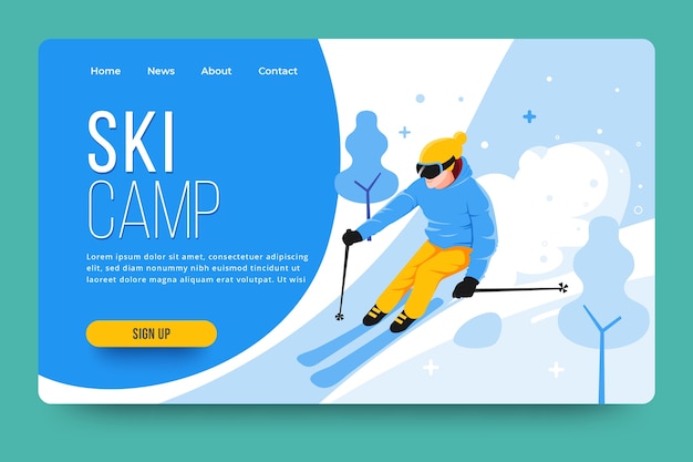 Outdoor sport landing page with illustrated skier